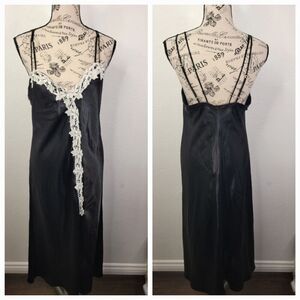 Fiora Nikrooz Satin Maxi Slip DressM Nightgown Black White Embroidered Whimsgoth